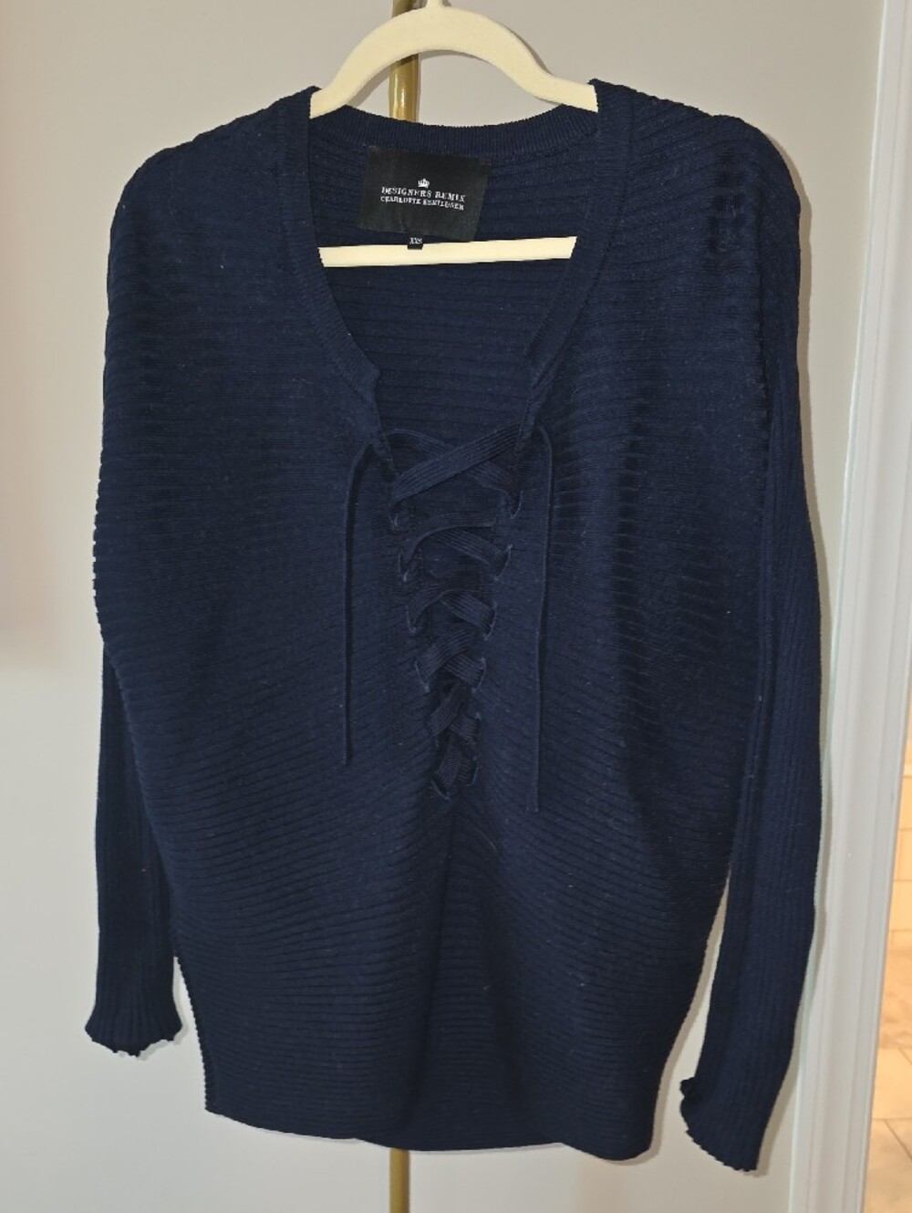 Lace-Up V-Neck Navy Ribbed Sweater